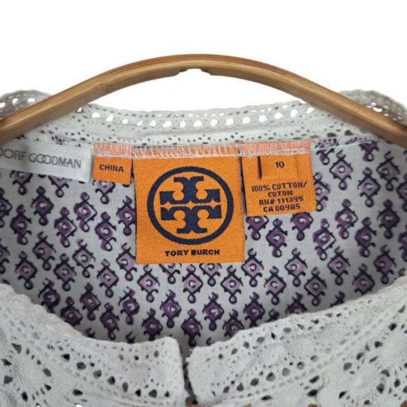 Tory Burch Purple & White Cotton Print with Lace Tunic Top Size 10 - Picture 7 of 9